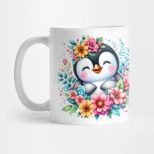 A baby penguin decorated with beautiful colorful flowers. Mug